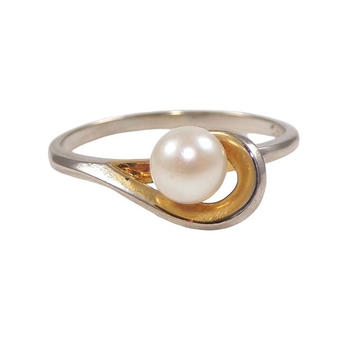 Solid 14K Yellow White Gold 5mm White Pearl Swirl Ring Size 8
