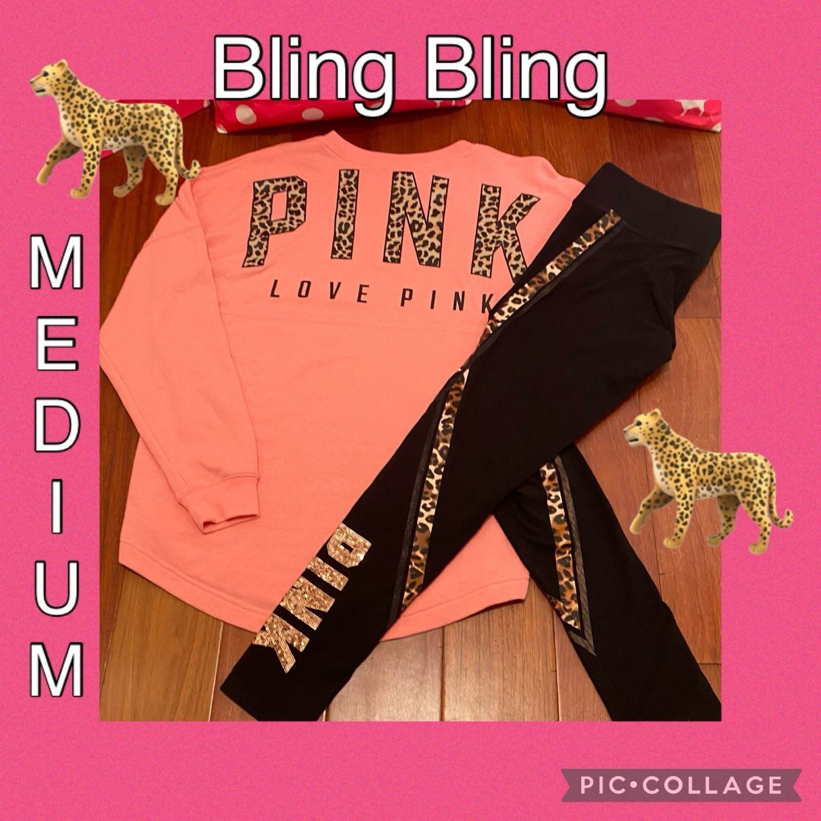 VS PINK BLING Cheetah Leggings & Cheetah Long Sleeve Campus Crew - MEDIUM