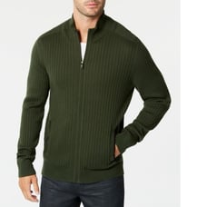 Alfani Men's Herringbone Trim Green Ribbed Knit Full Zip Cardigan Sweater M