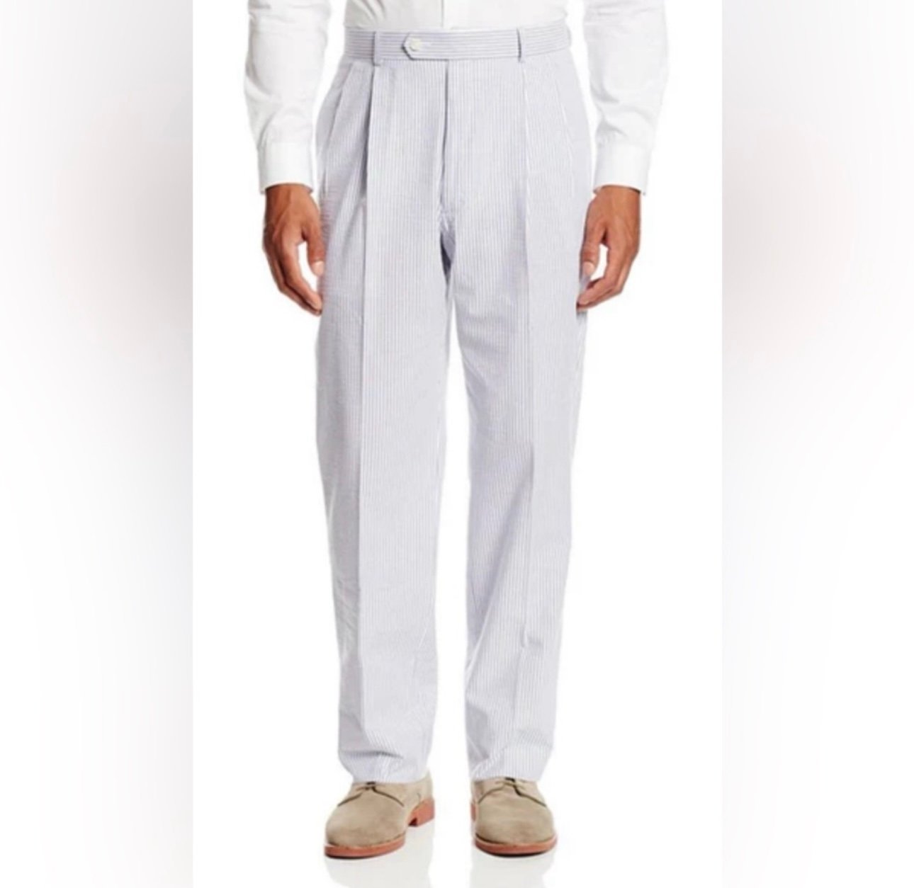Guy Laroche Men’s Seersucker Pleated Trousers Blue & Tan Size 33R X 29