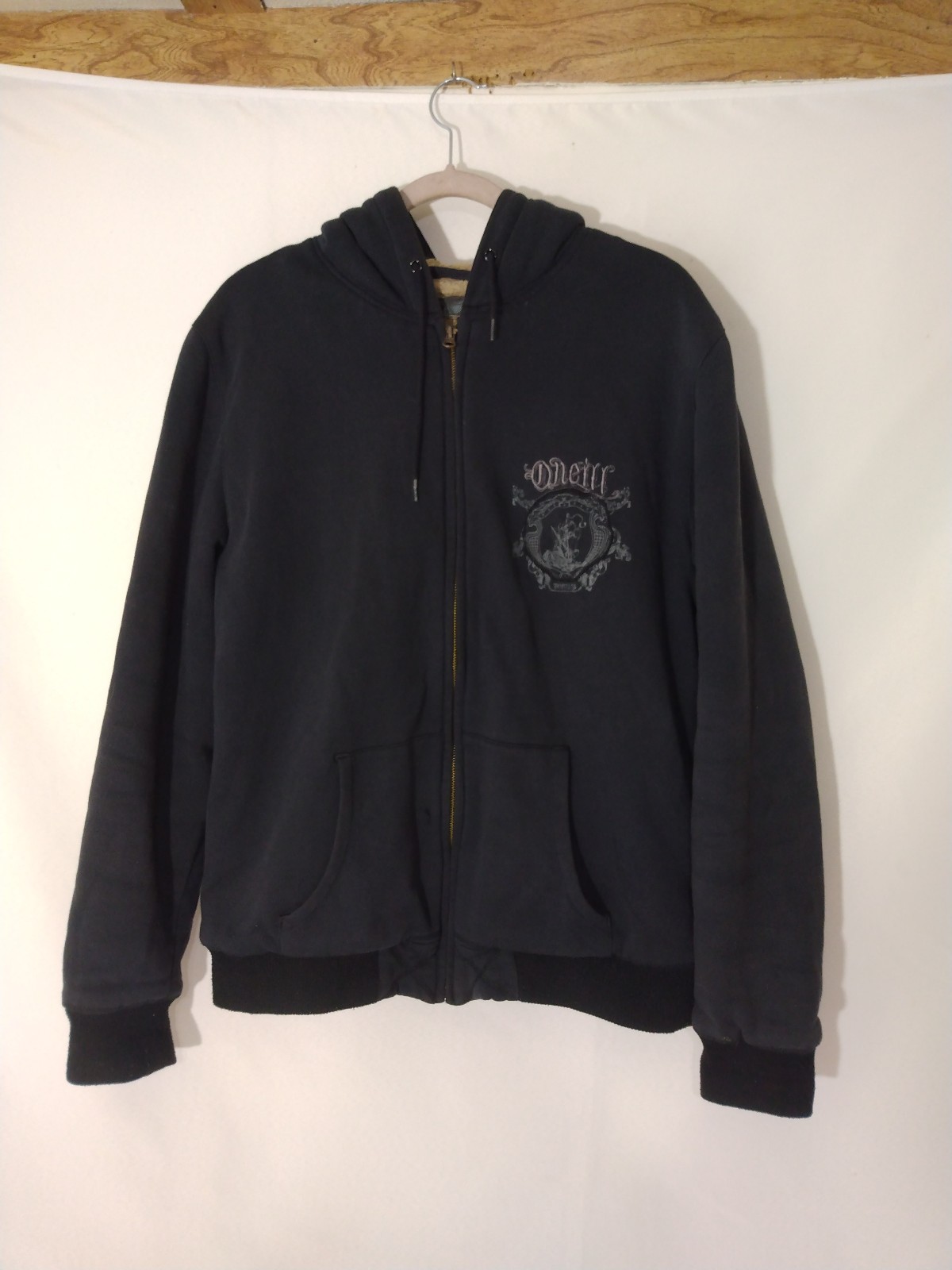 Mens Vintage Oneill Black Sherpa Lined Embroidered Full Zip Hoodie Sz Large