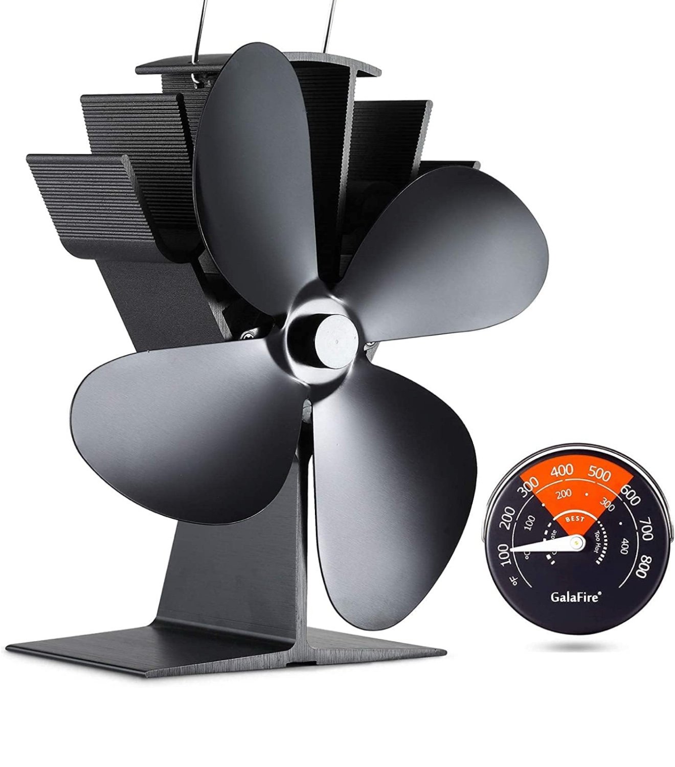 4-Blades Heat Powered Wood Stove Fan + Magnetic Thermometer, 122°F