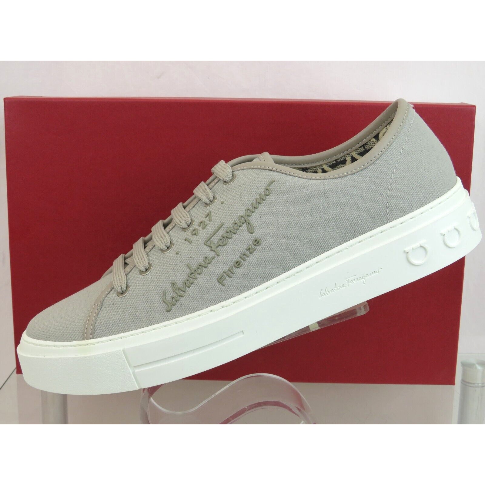 695 FERRAGAMO MEDITERR GRAY CANVAS LEATHER TRIM GANCINI LOGO SNEAKERS 13 M