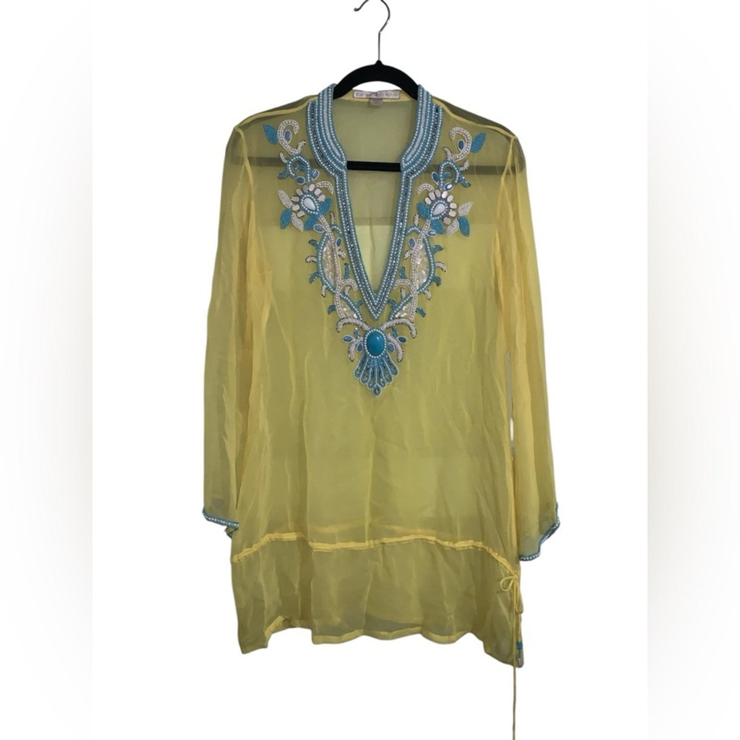 Boston Proper Yellow Sheer Beaded Embellished Kurti Fairy Tunic Blouse Sz Small