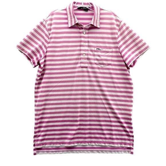 RLX Ralph Lauren Shirt M Pink White Striped Stretch Polo Golf Outdoor Preppy Men