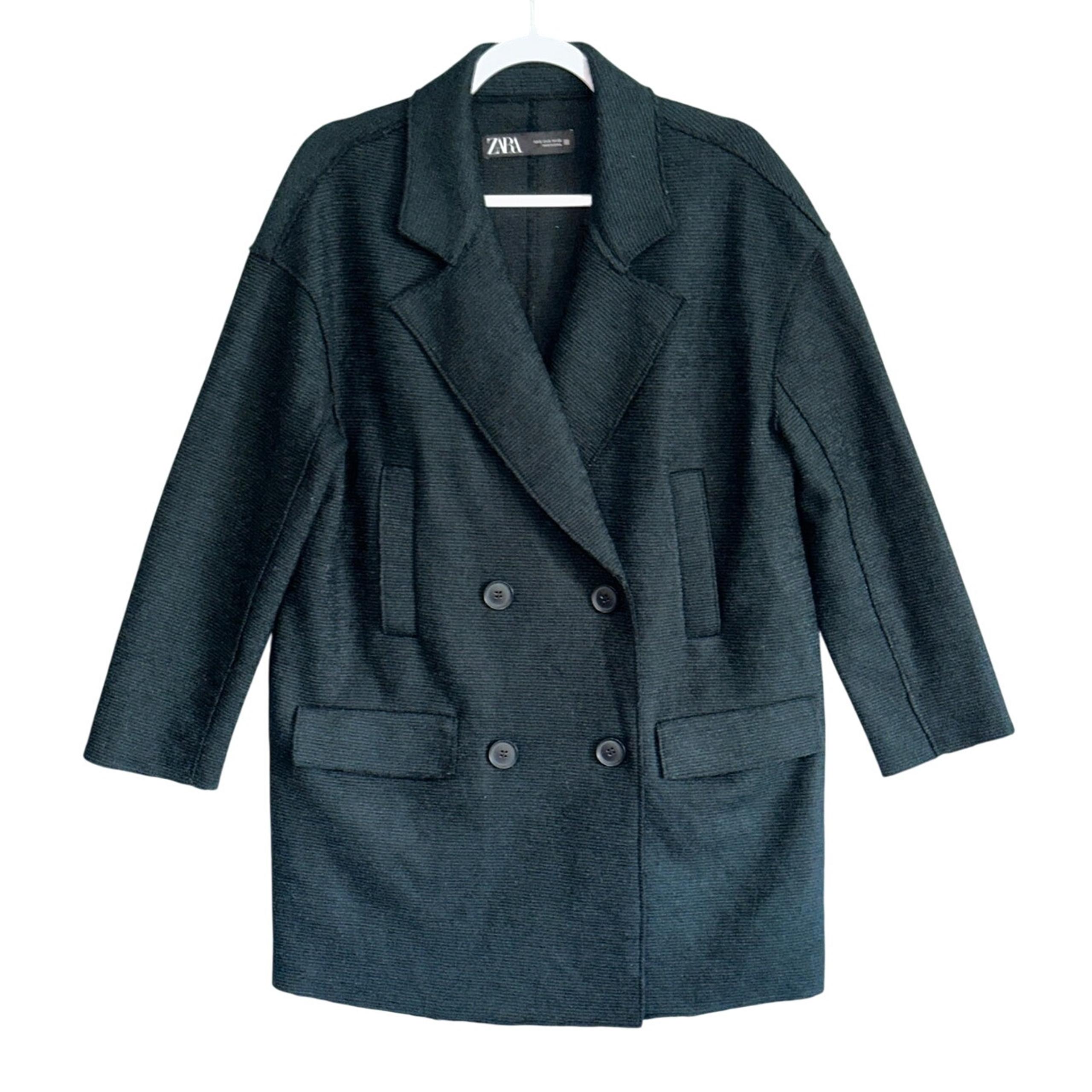 Zara Sz S Double Breasted Sweater Blazer Jacket Wool Blend Overcoat Dark Green