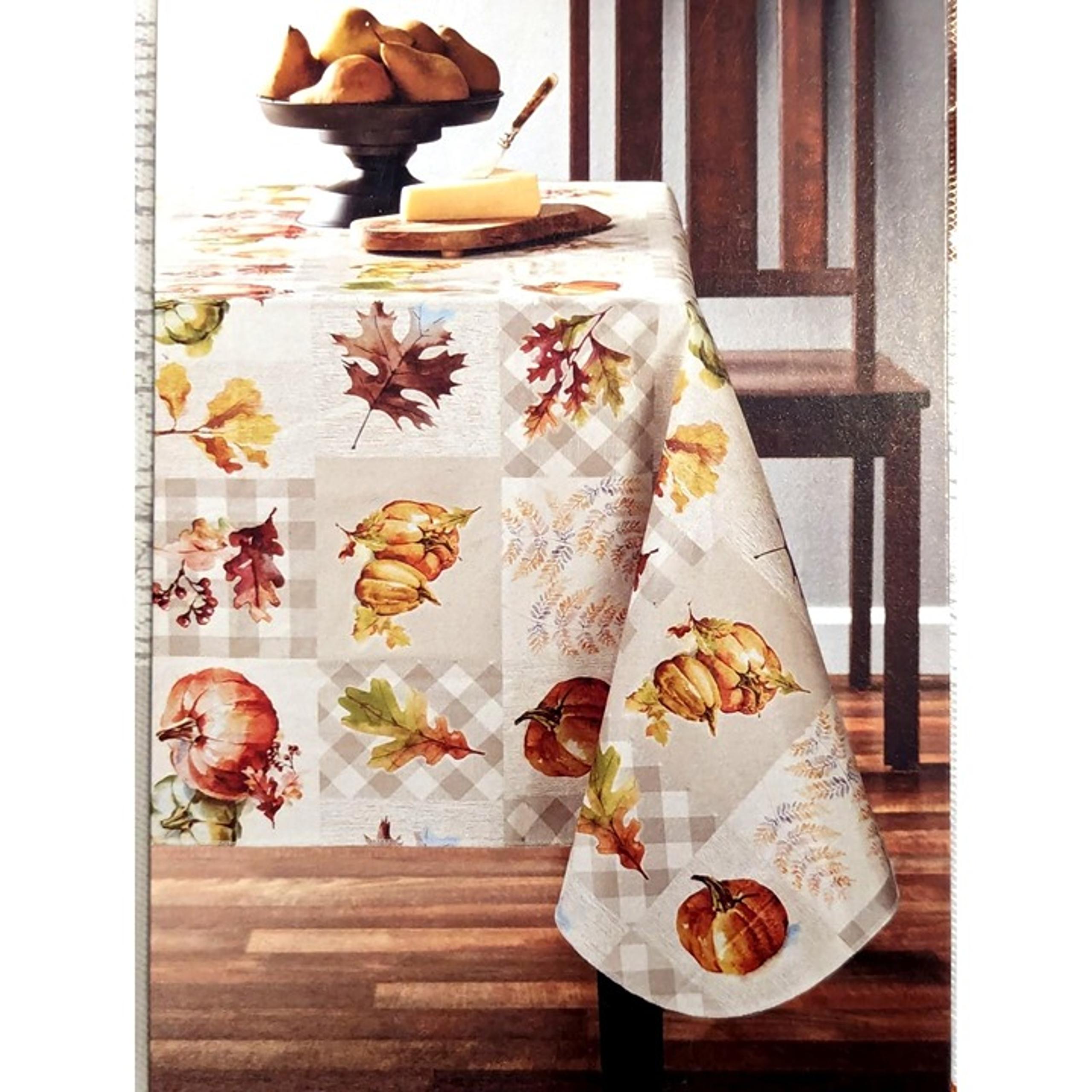 Harvest Pumpkin Patchwork PEVA Tablecloth 60 x 84 Inch Fall Leaves PVC-Free NIP