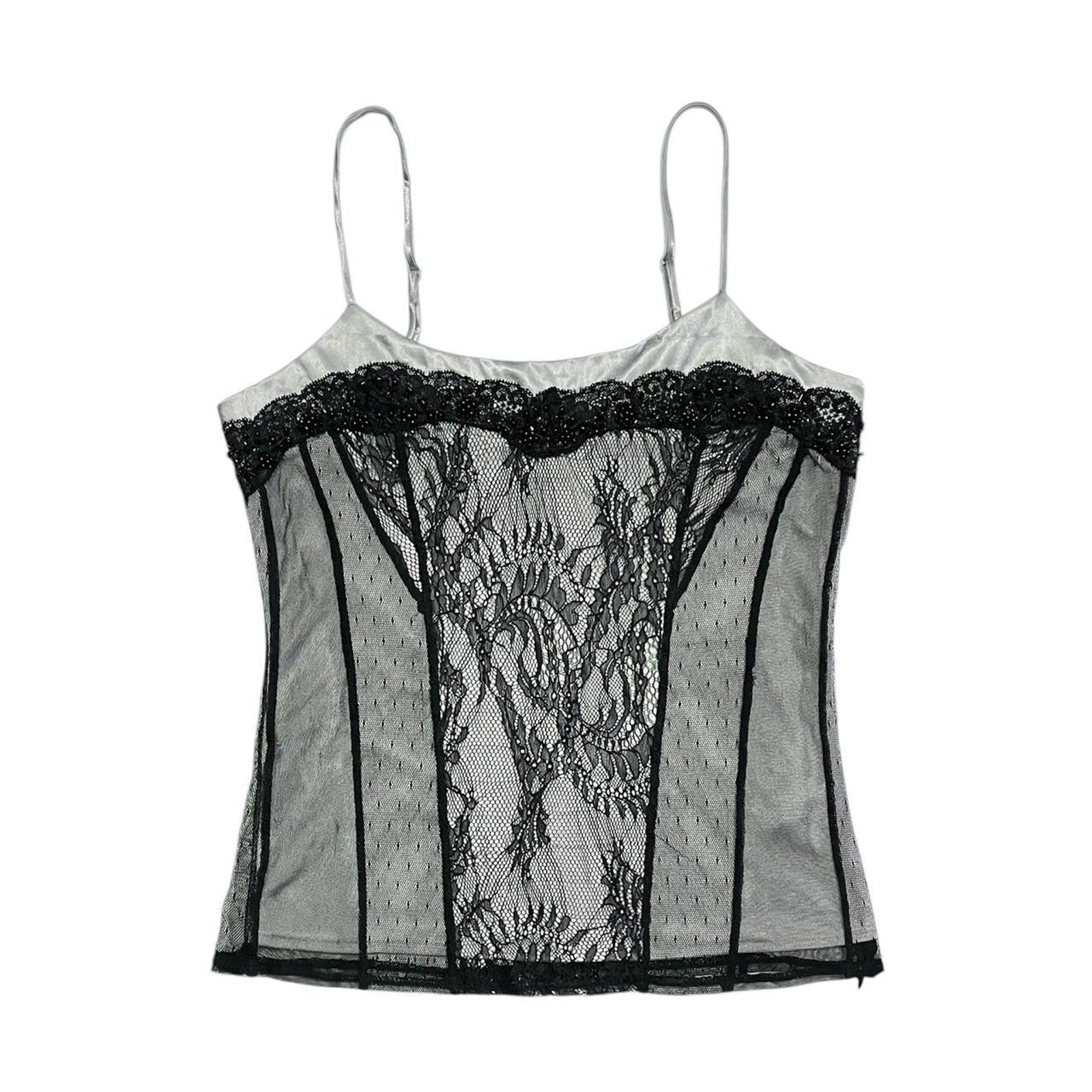 VTG Y2K fairy coquette Express beaded corset-style cami with lace overlay