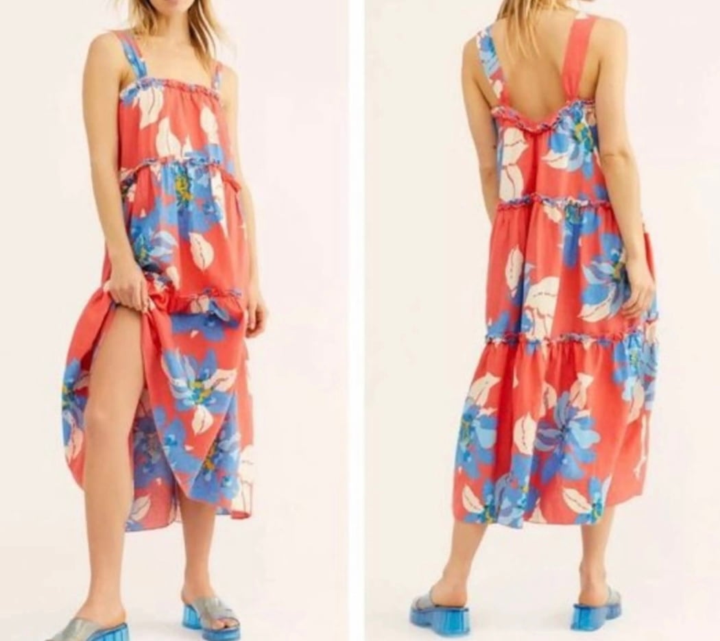 Free People Moonshine Oversized Linen Blend Floral Midi Sundress size XS