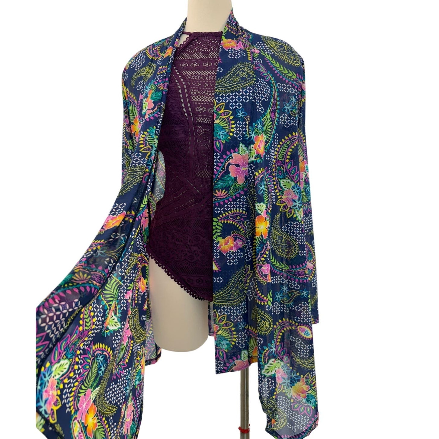 Tommy Bahama Open-Front Mesh Swim Beach Cover-Up Cardigan Floral Tropical Medium