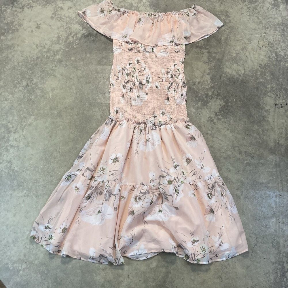 Simplee Dress Womens Large Light Pink Floral Off the Shoulder Smocked Midi