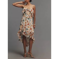 Anthropologie Sleeveless Asymmetric Ruffled Midi Dress Women’s XL Floral Ivory