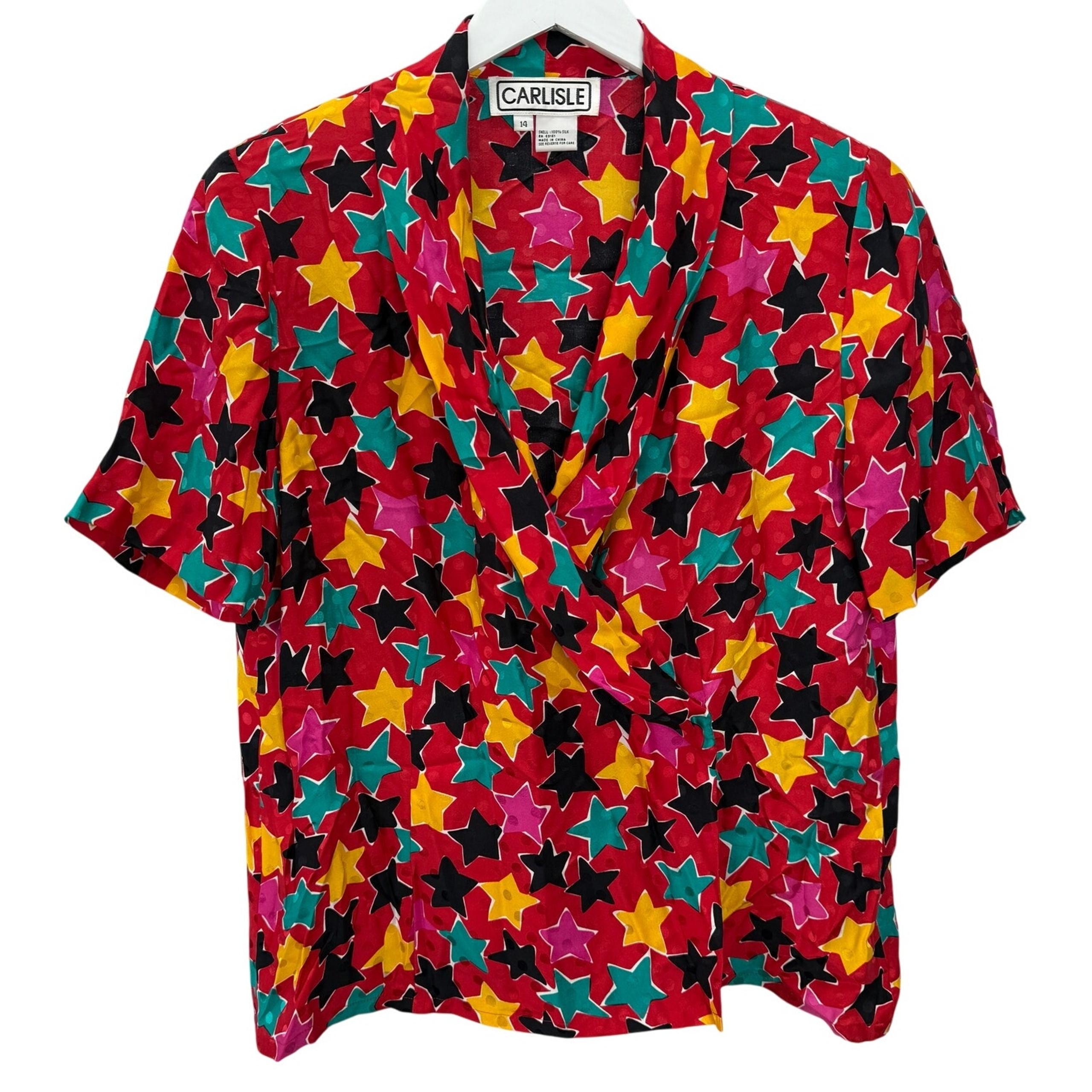 Vintage Carlisle Silk Short Sleeve Blouse Wrap Button Size 14 Red Stars V-Neck