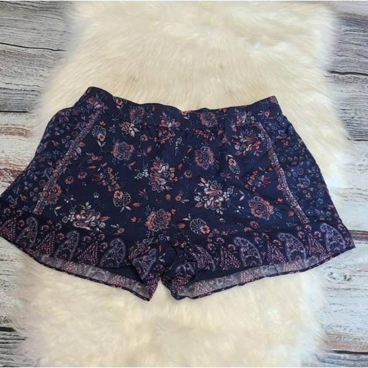 Joie Ciri Floral Silk Shorts Dark Navy Elastic Waist Medium