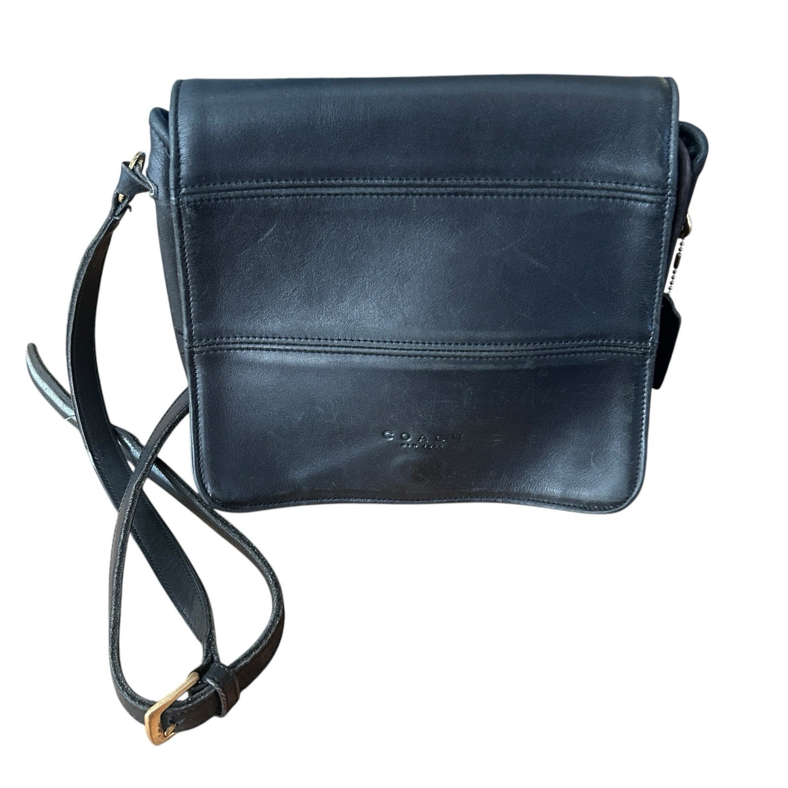 VINTAGE COACH 9092 Tribeca Stitch Flap Black Leather Crossbody Mail Carrier Bag