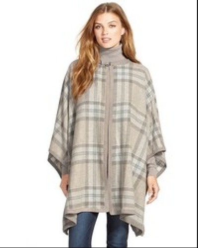 Grey Plaid Suede Trim Wool Blend Poncho Lauren Ralph Lauren S/M
