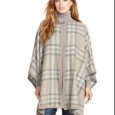 Grey Plaid Suede Trim Wool Blend Poncho Lauren Ralph Lauren S/M
