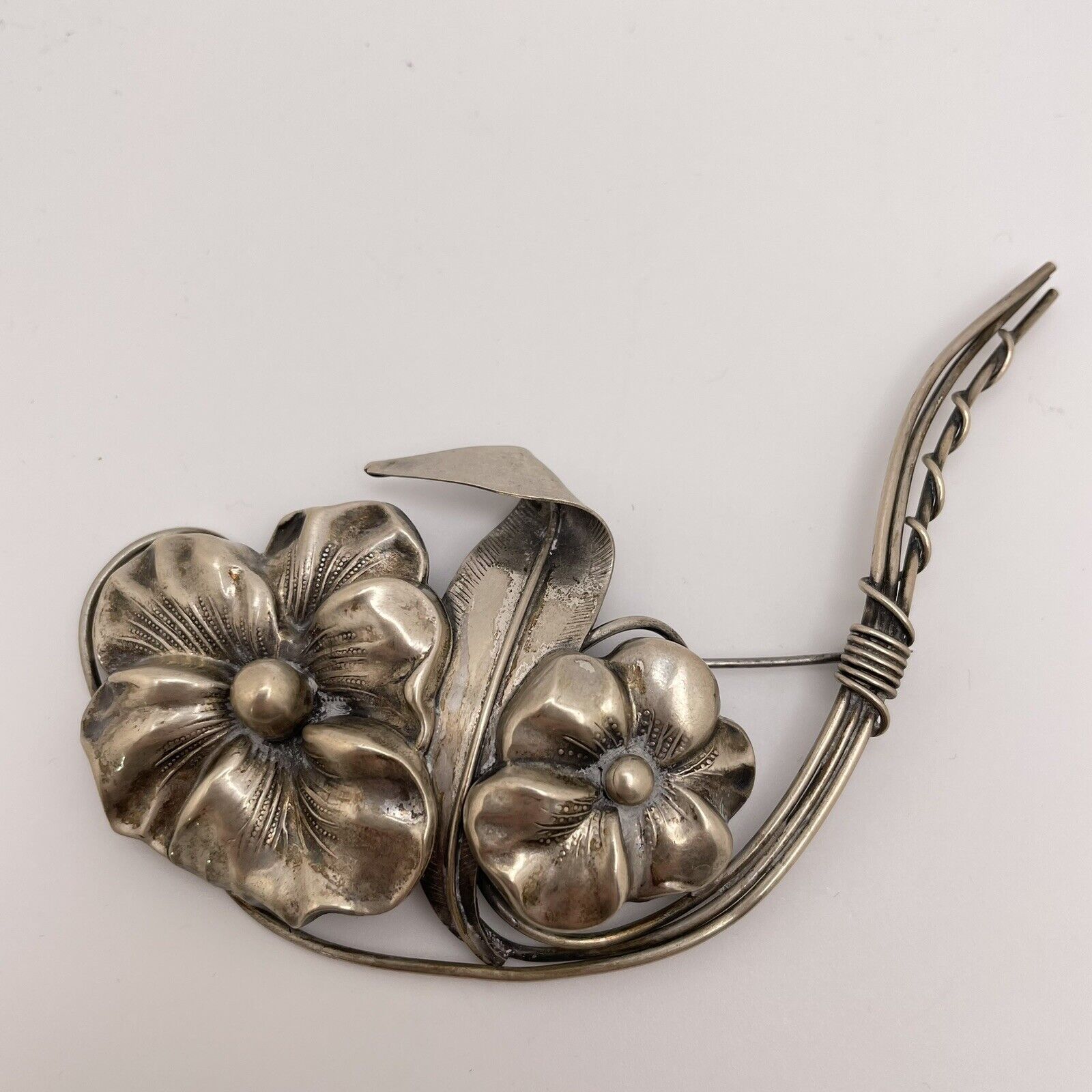 Large Vintage Sterling Silver Pansy Brooch