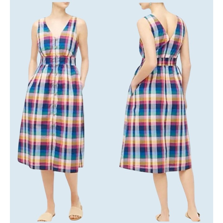 J CREW Multi Color Plaid Full Button Sleeveless Midi Dress Size 14