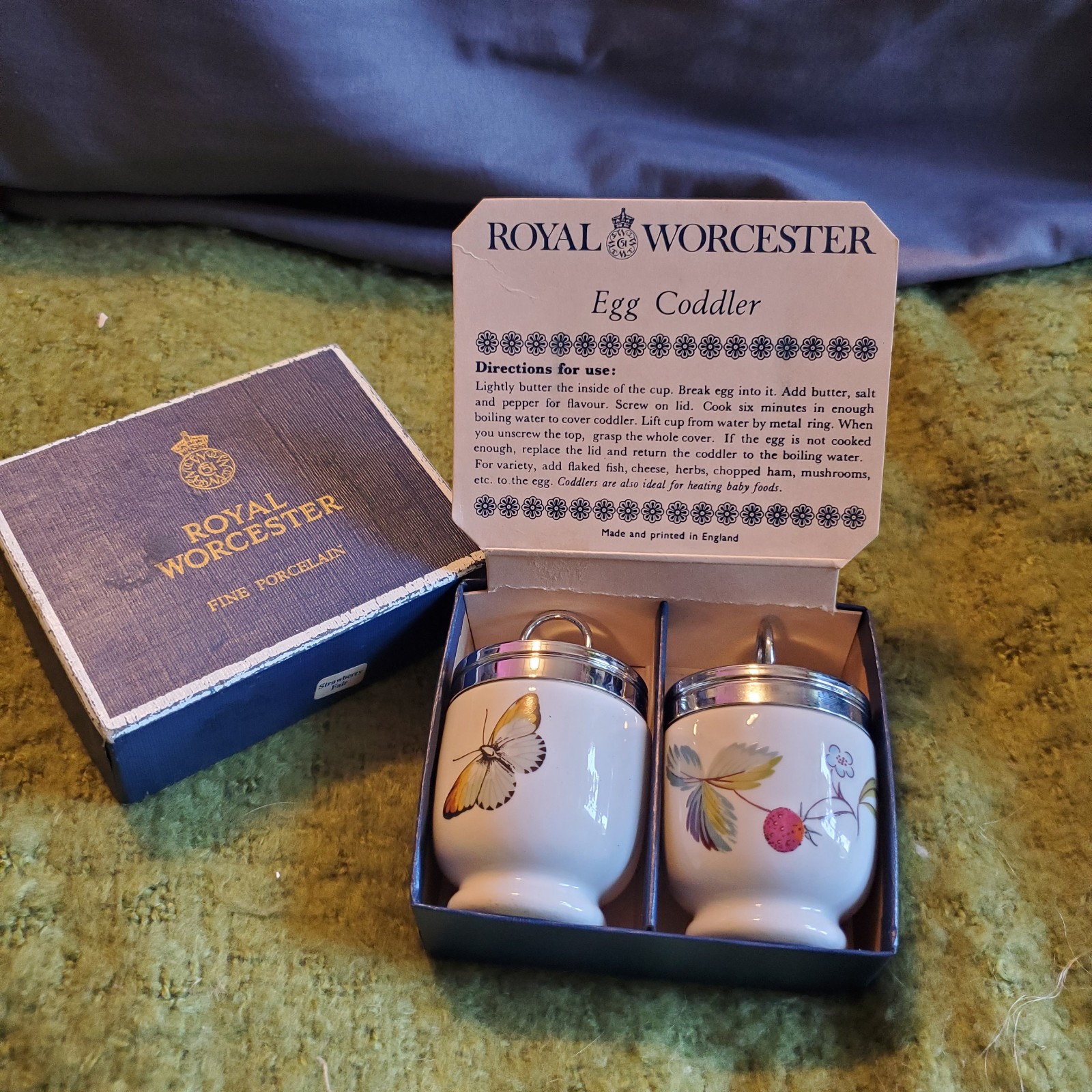 Vintage Royal Worcester Porcelain Egg Coddler, Strawberry Fair with box