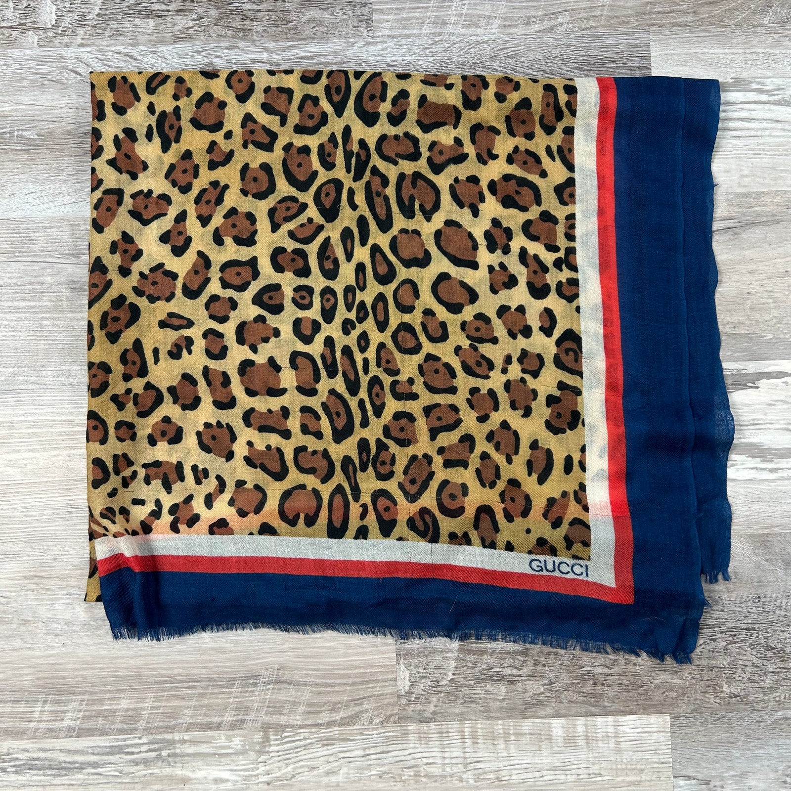 Gucci Logo Leopard Print Scarf Blue Red Border Large Wrap Shawl 78x43