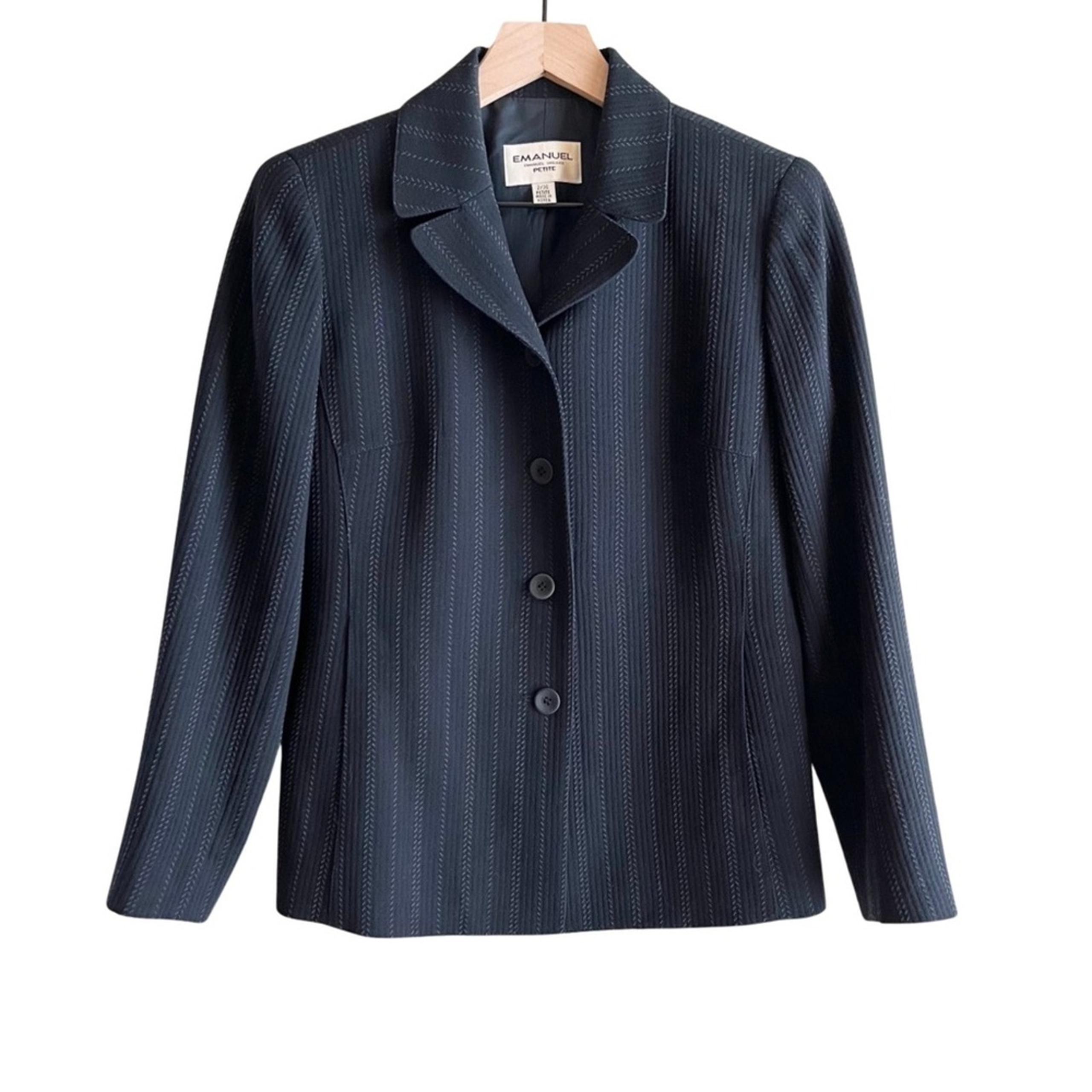 Emanuel Ungaro Vintage Wool Blazer Jacket in Black, Textured Pin Stripes, Sz 2P