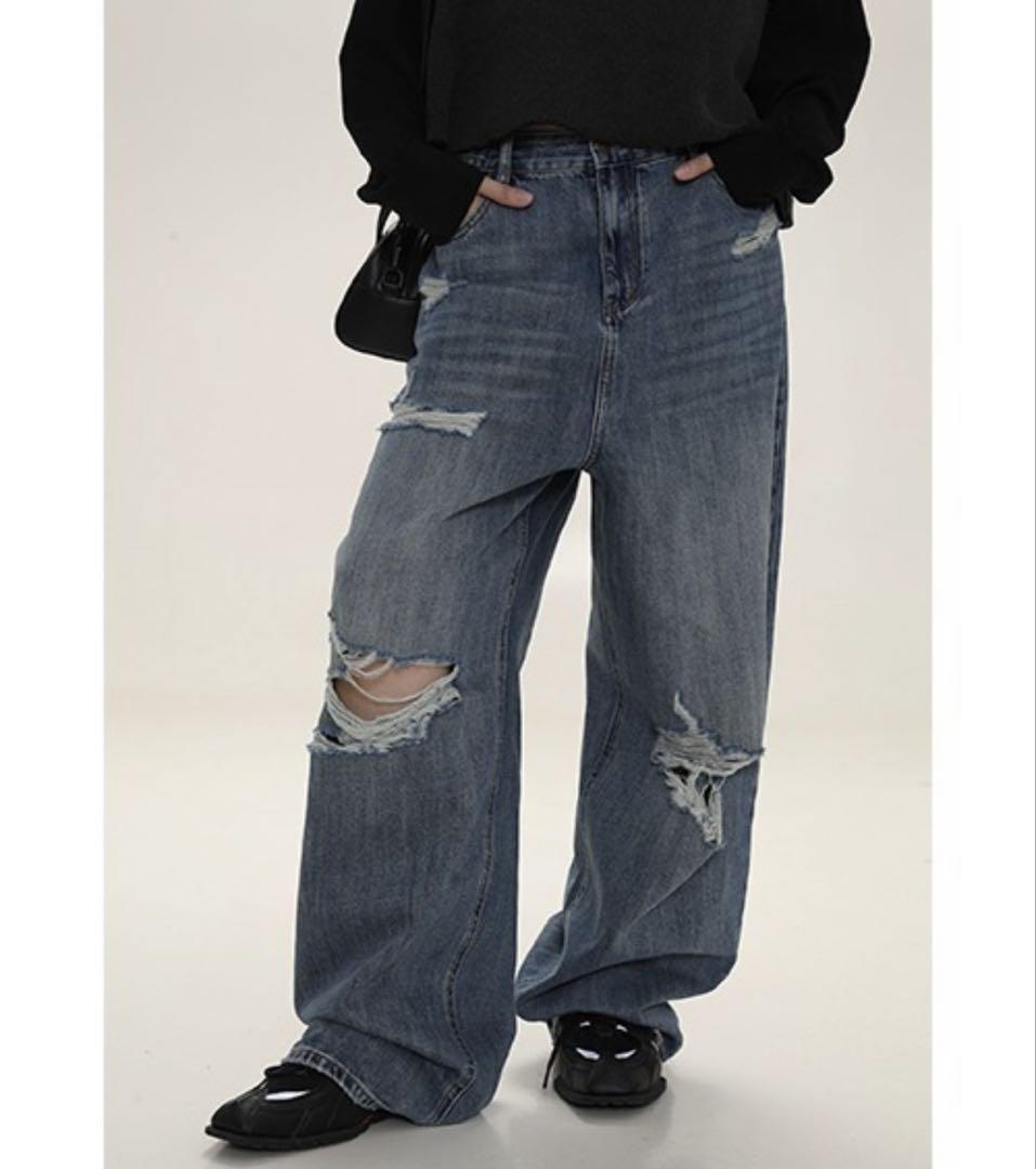 Used Wide Denim Pants with Side Belt and Damage NZK6089