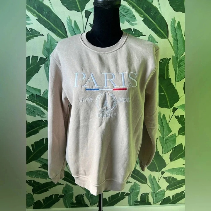 Boutique Paris Embroidered Crewneck Sweatshirt Tan Size L