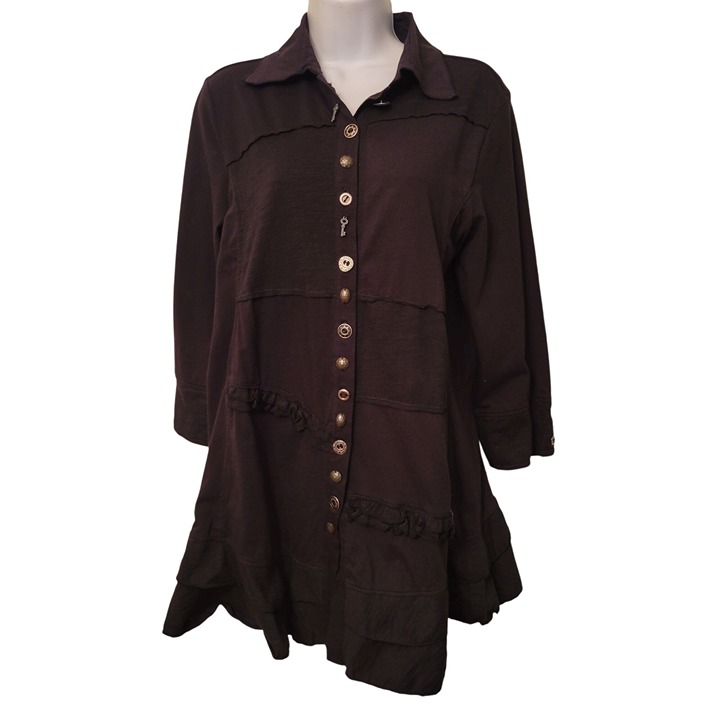 Neon Buddha M Black Button Down Tunic Decorative Buttons Ruffle Hem SOJOURN