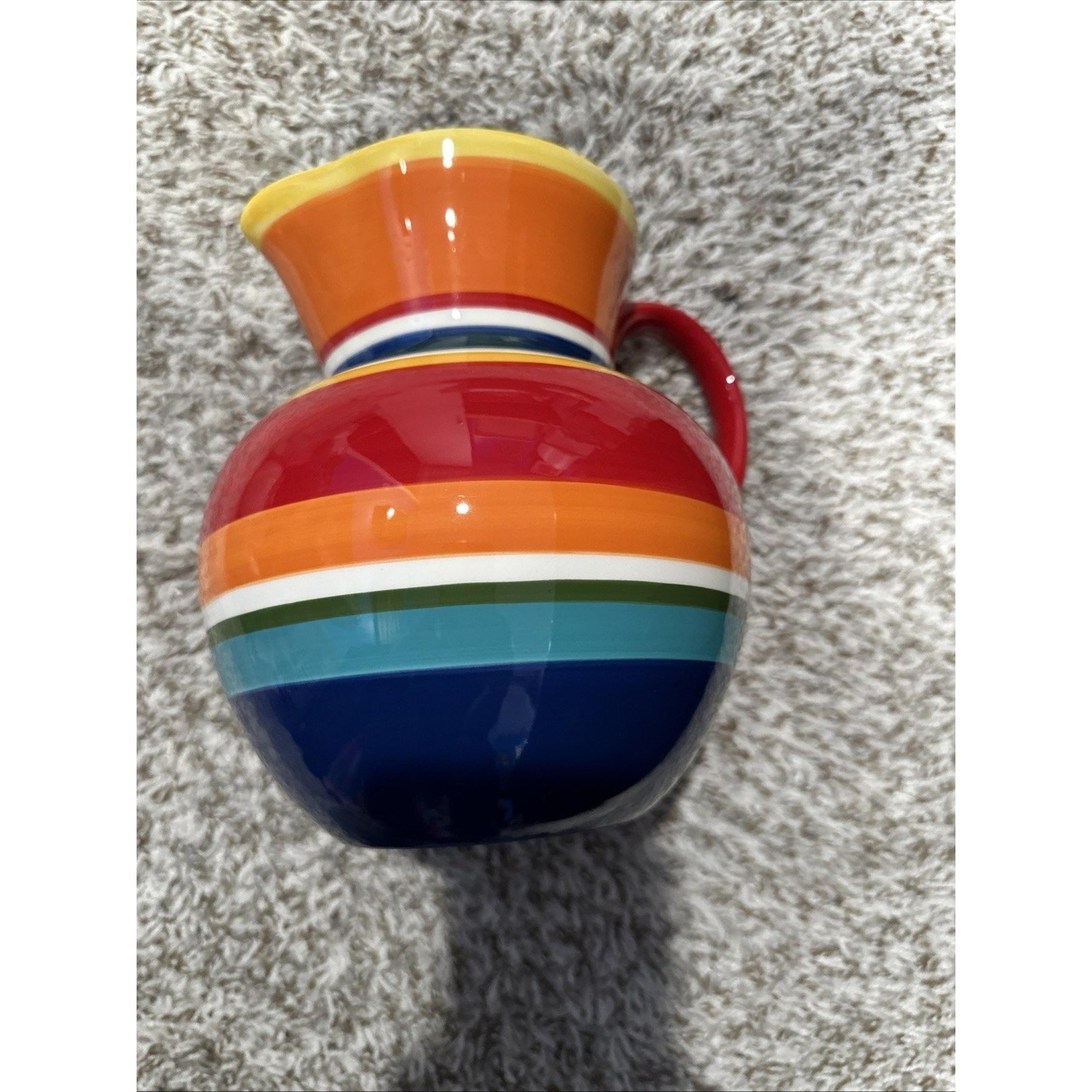 Pier 1 Imports Summer Stripes Pitcher 8" Multicolor Red Orange Yellow Pottery