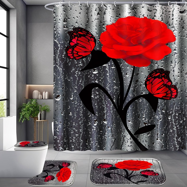 4 Pcs Bathroom Set,Red Rose Shower Curtain Sets