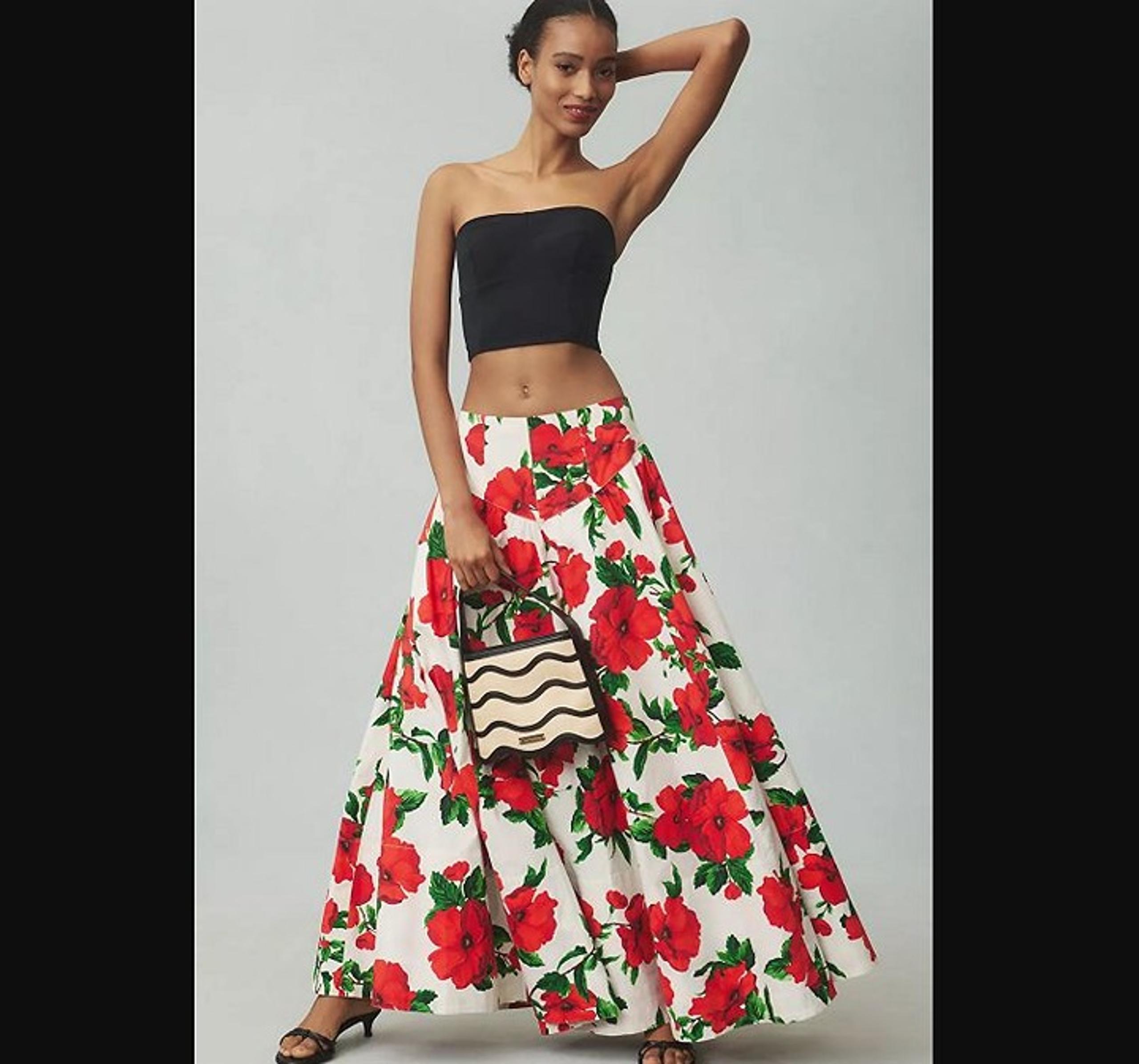 New women's 2P By Anthropologie red poppy drop waist A-line maxi skirt 2 Petite