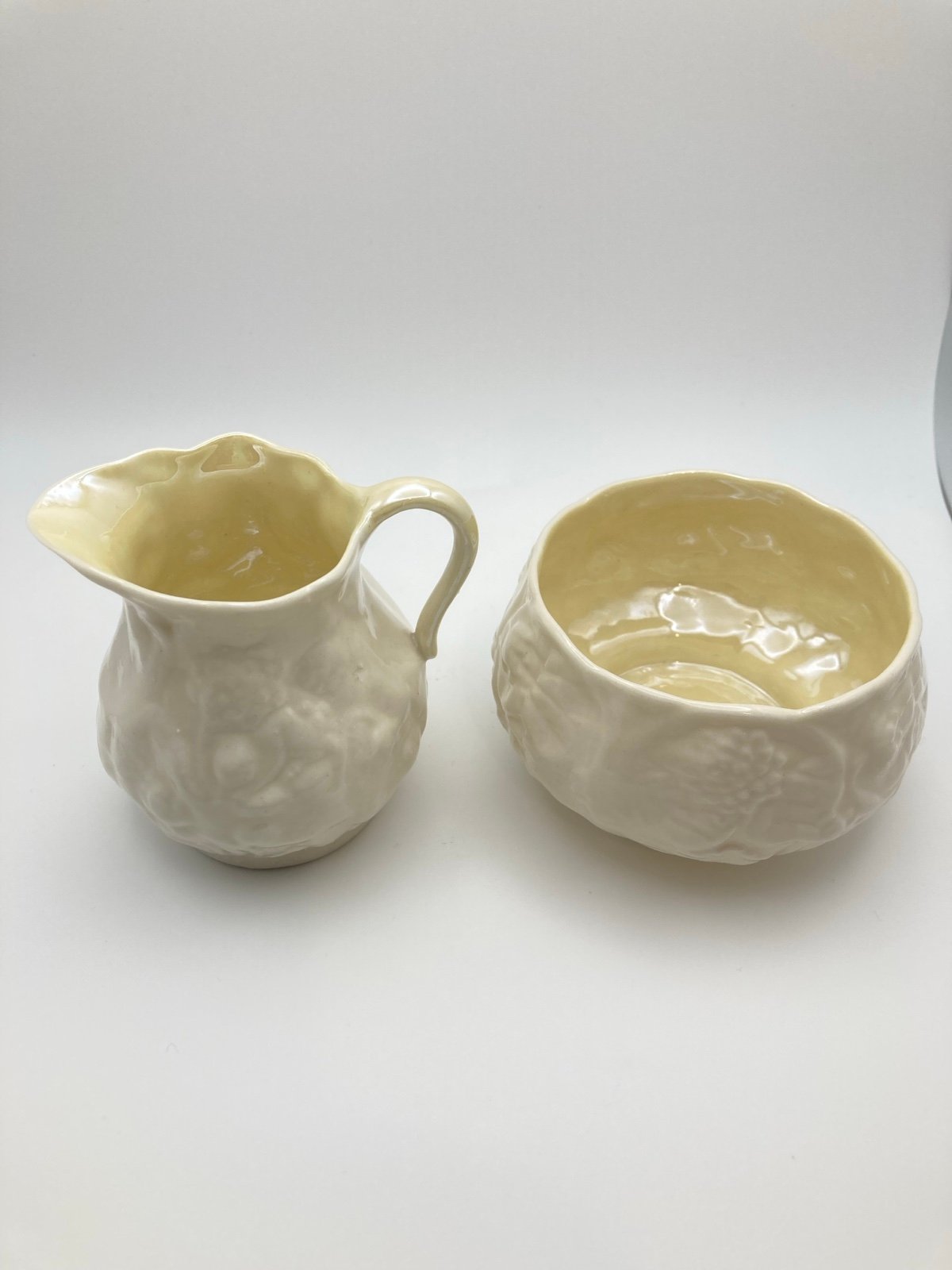 Vintage Belleek 1926-46 Ireland Lotus Creamer and Open Sugar Bowl 3rd Black Mark