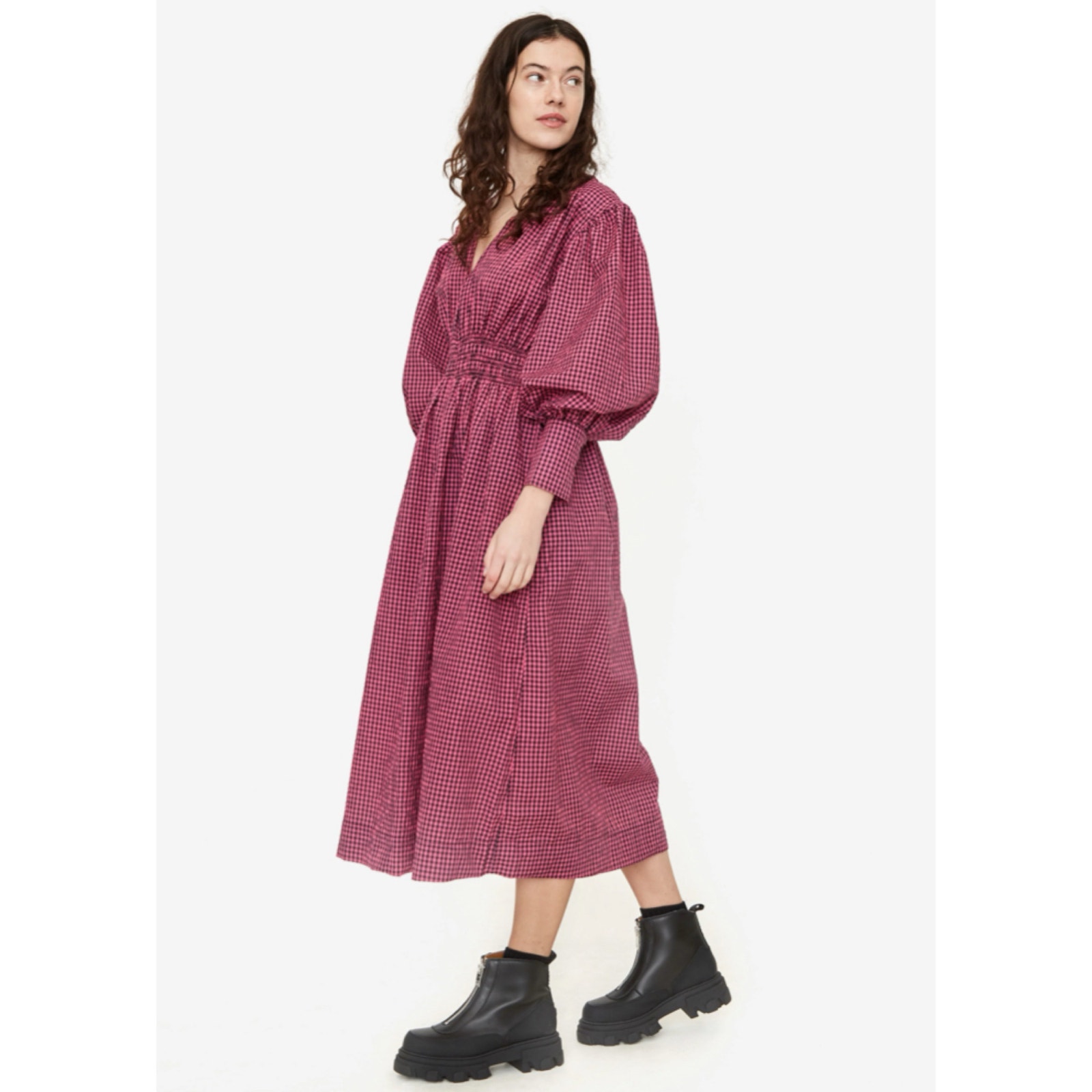 Ganni Carmine Rose Seersucker Gingham Pink Black Midi Dress 34 US 2 XS