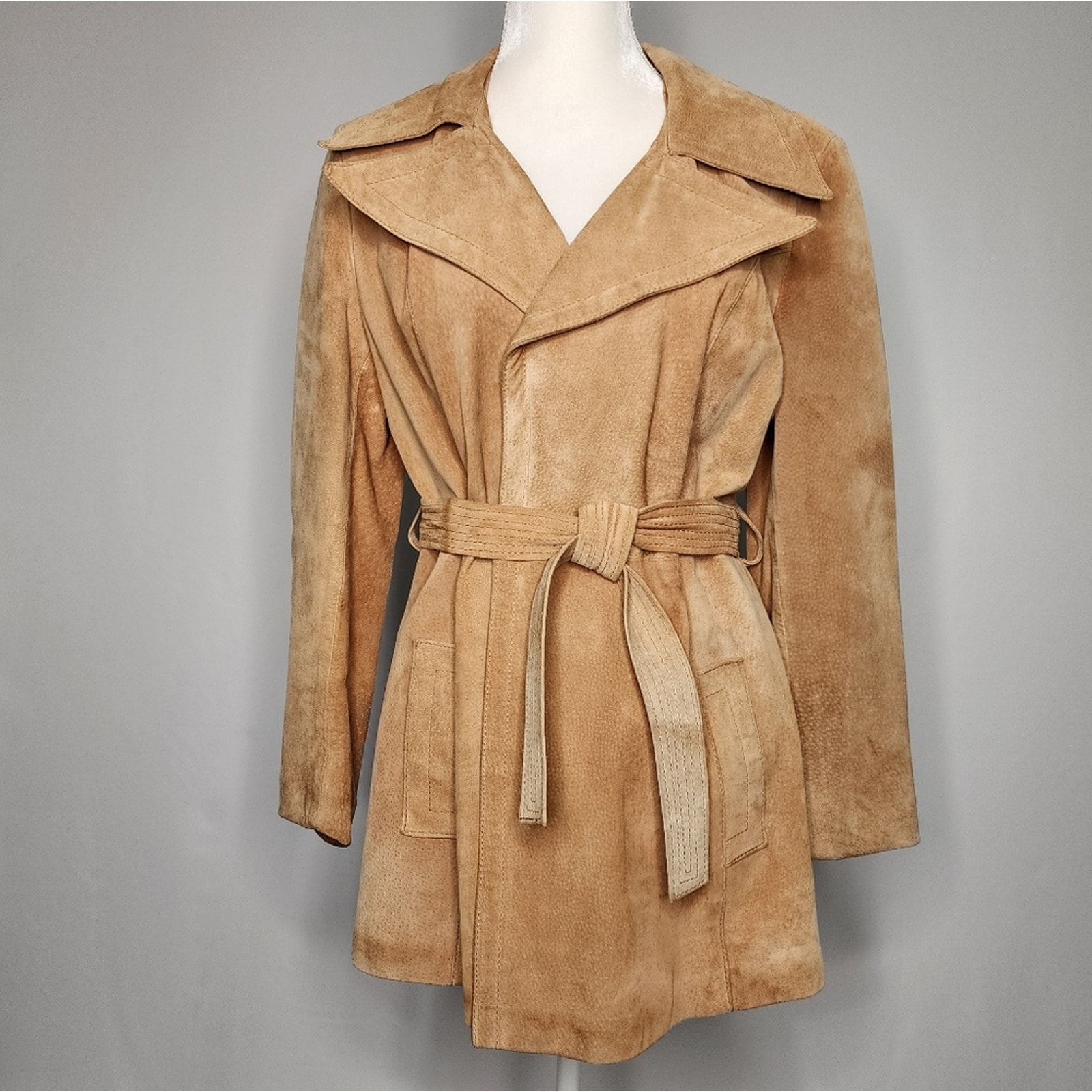Vintage Tan Suede Leather Belted Coat Women's Medium Large