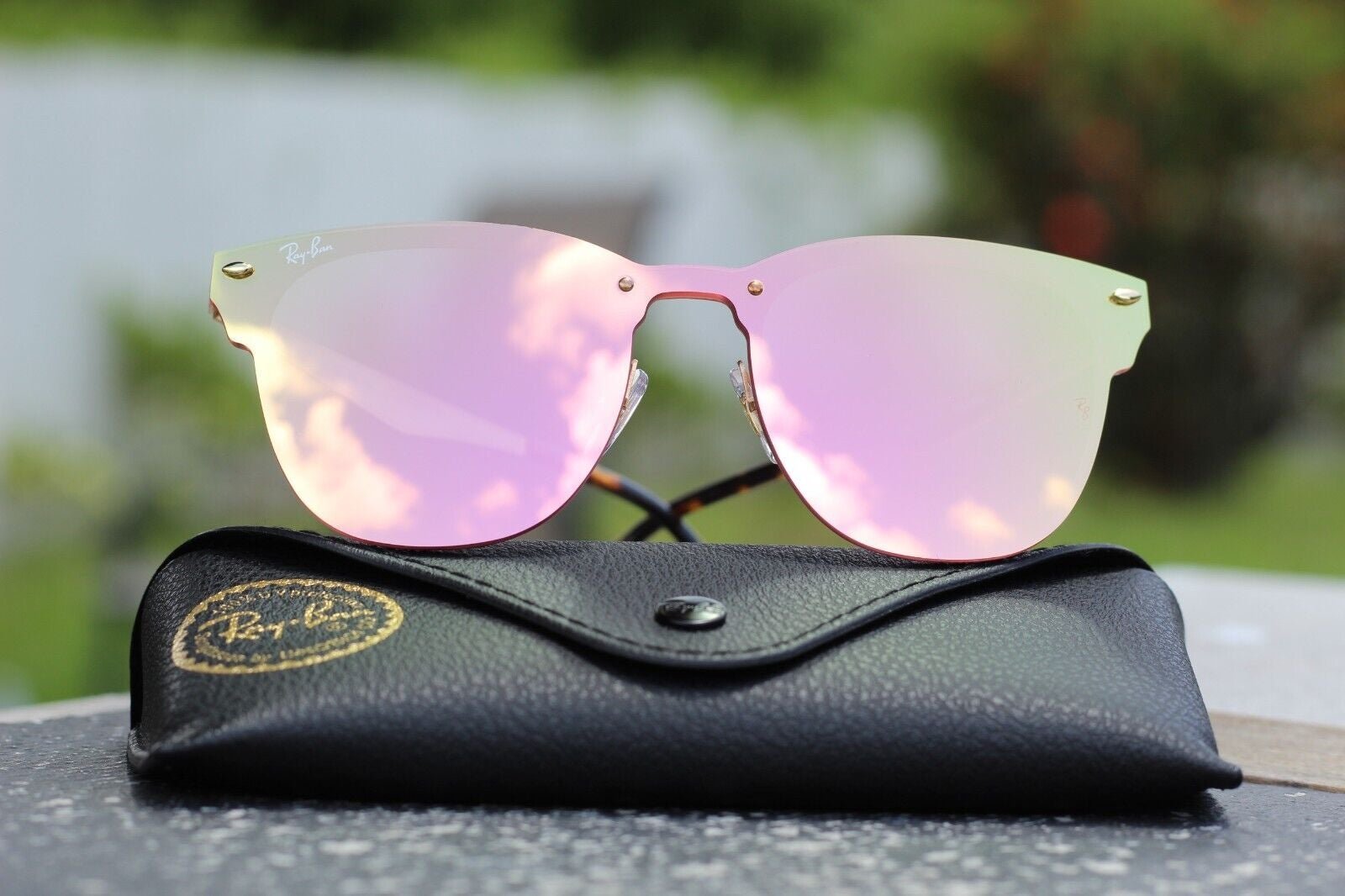 Ray-Ban Blaze Clubmaster Gold Frame Pink Mirror Lenses Unisex Sunglasses