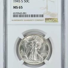 1945 S WALKING LIBERTY HALF NGC CERTIFIED MS65 DEEP FROSTY WHITE
