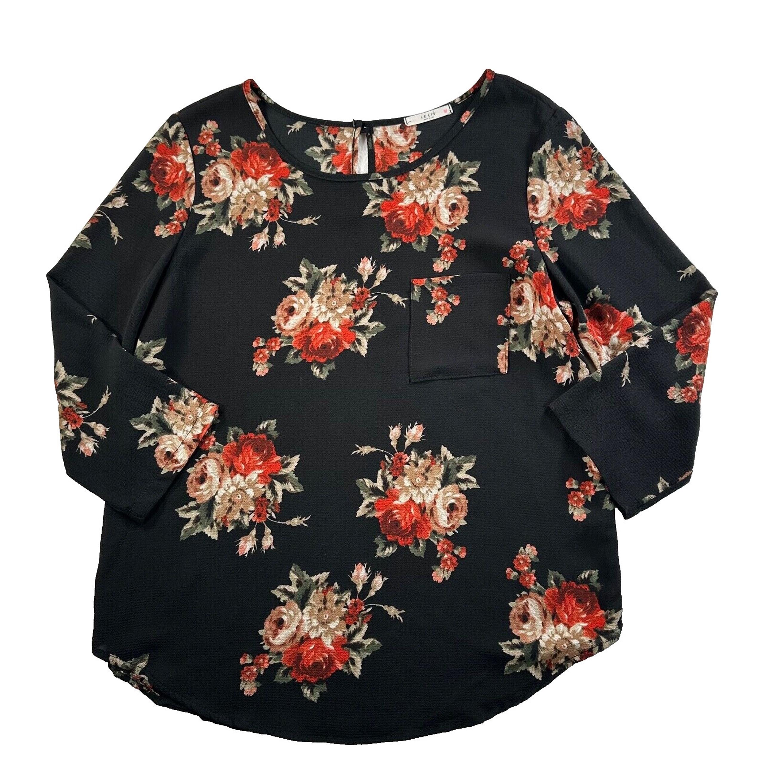 Le Lis Round Neck 3/4 Sleeve Blouse Top Womens Size Large Black Floral Pocket
