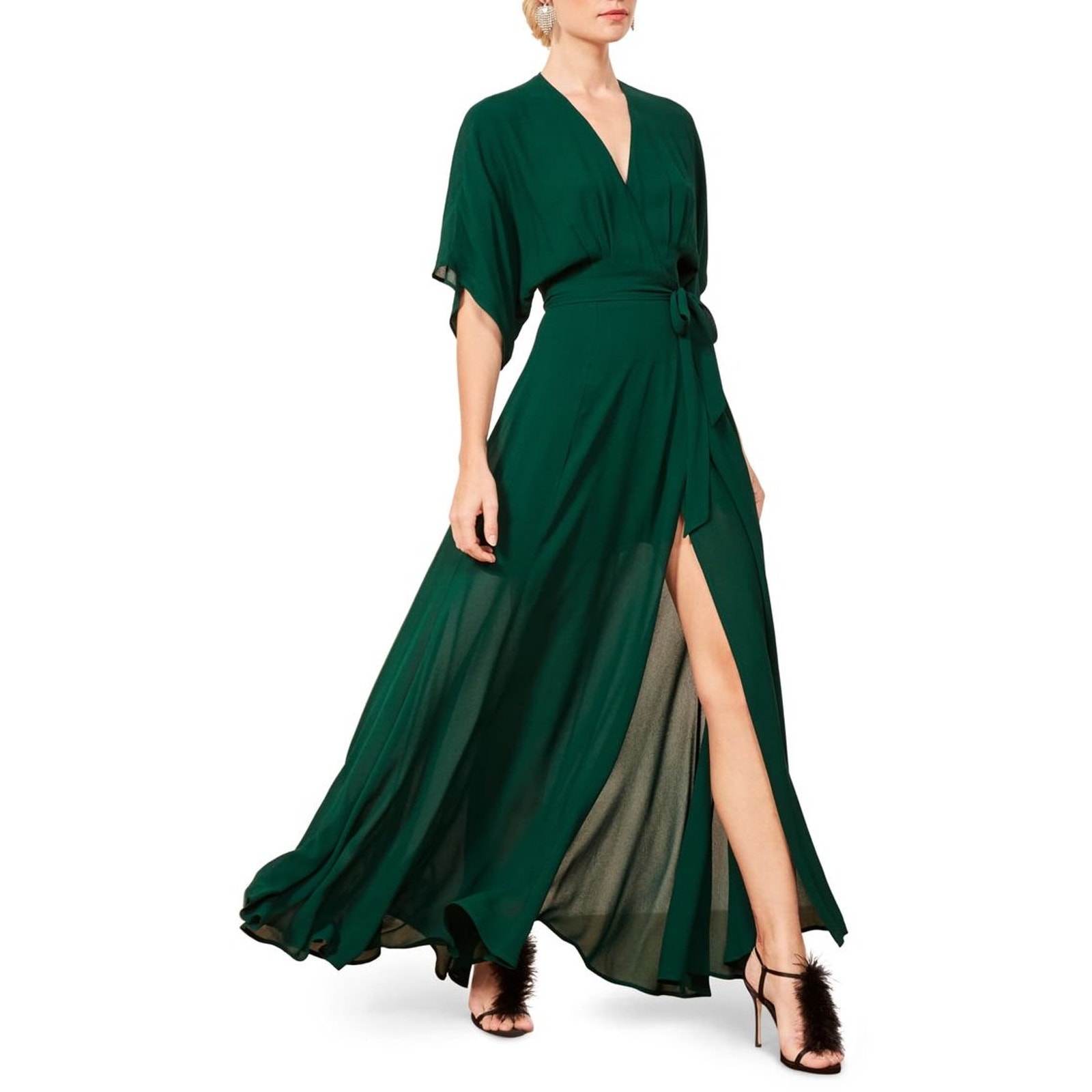 Reformation Winslow dress emerald green flutter sleeve semi sheer wrap size XL