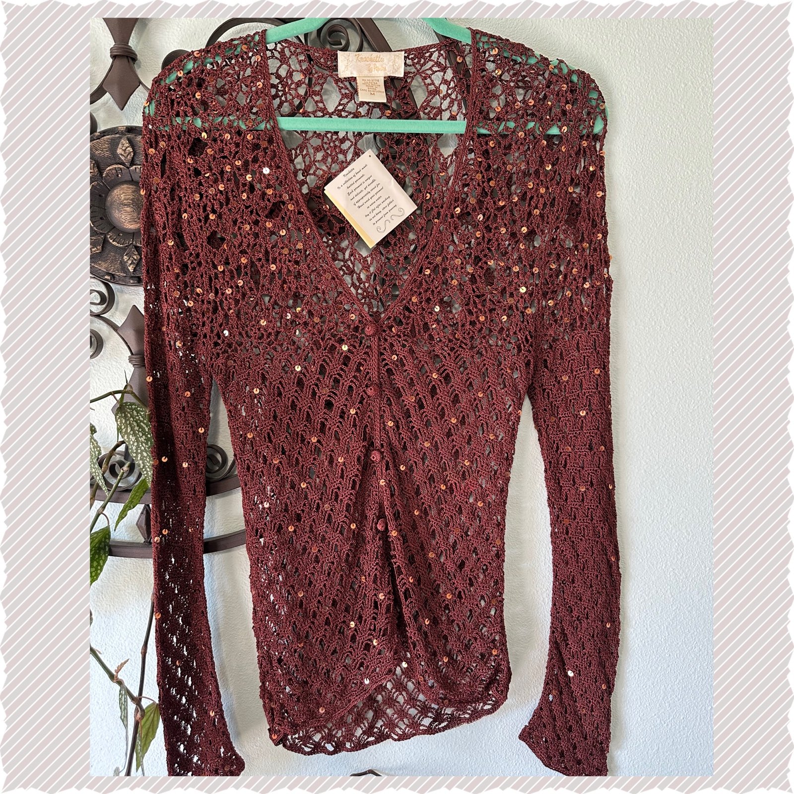 KROSHETTA BY PAPILLON Brown Sequin Crochet Sweater Top NWT