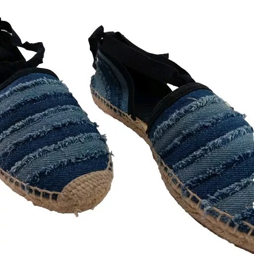 Jimmy Choo Blue Denim Lace Up Espadrille Shoes Womens Size 8 Dolphin Blue Ribbon