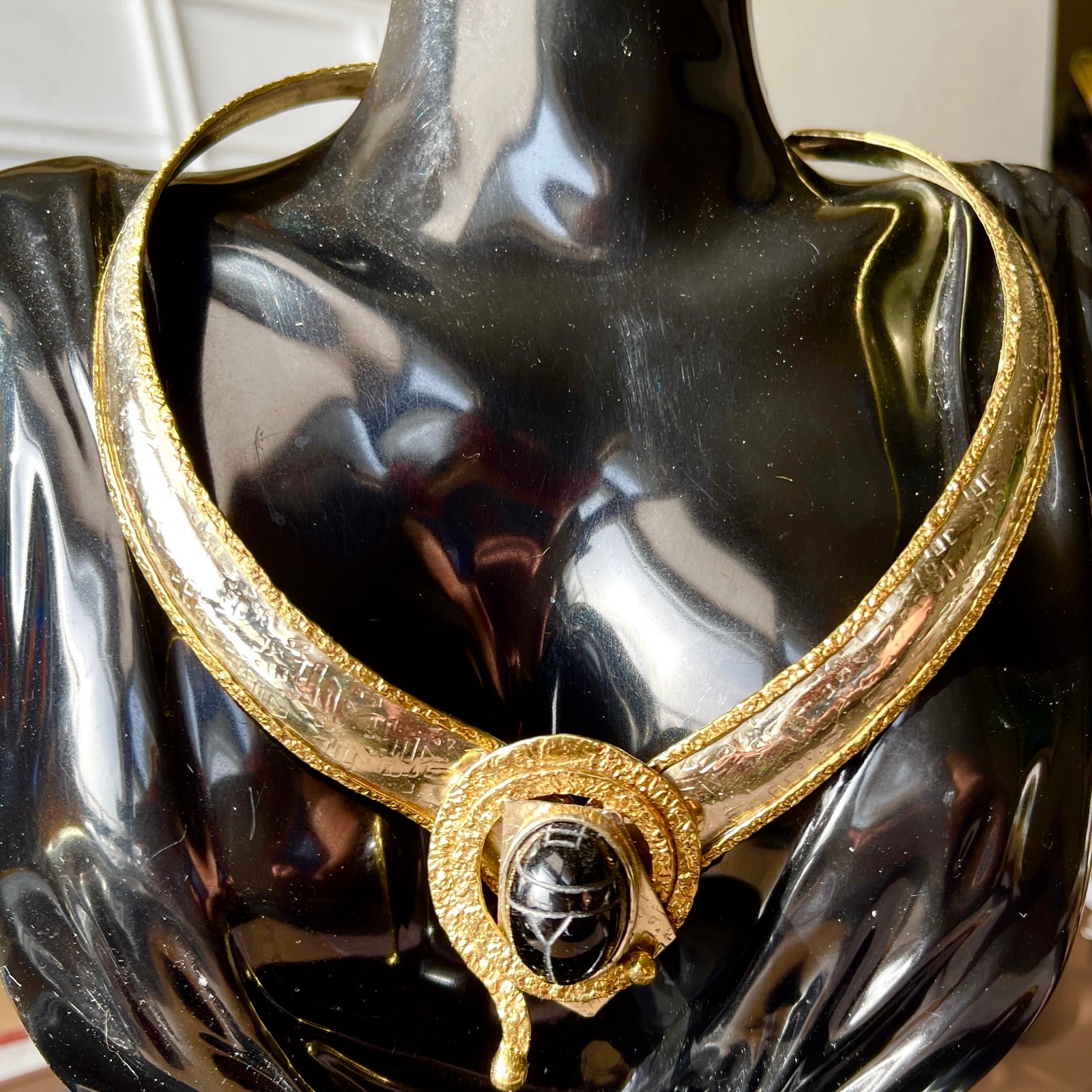 Egyptian Revival Black Stone Carved Scarab Collar Stamped Xel (Ixel)