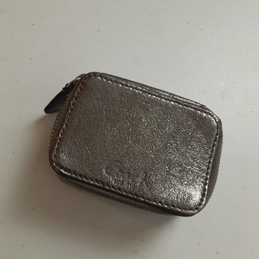 Coach Metallic Silver Leather Pill Bottle Case Zip Around with 3 Bottles