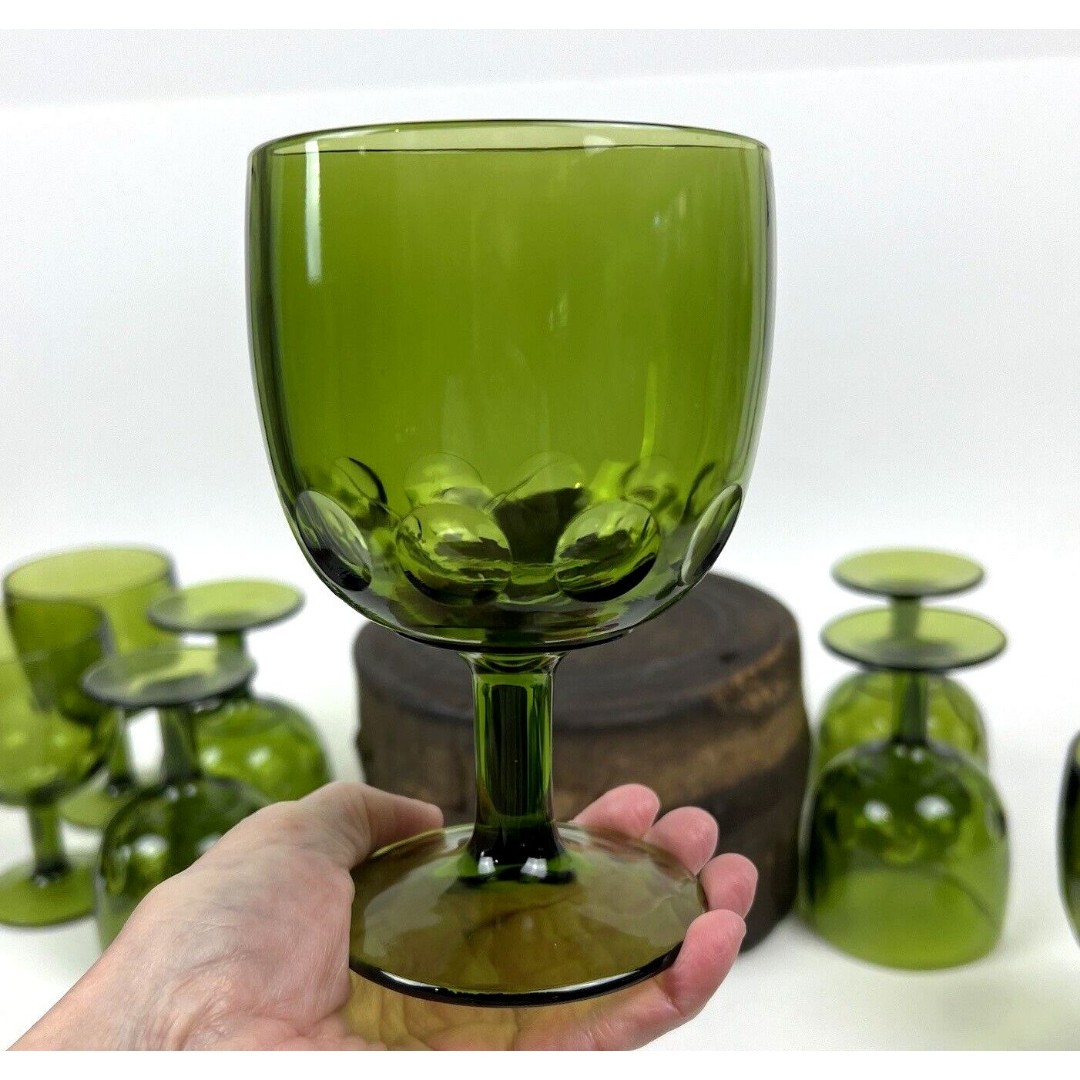 Vintage Bartlett Collins Schooner Green Thumbprint Pressed Glass Beer Set of 8