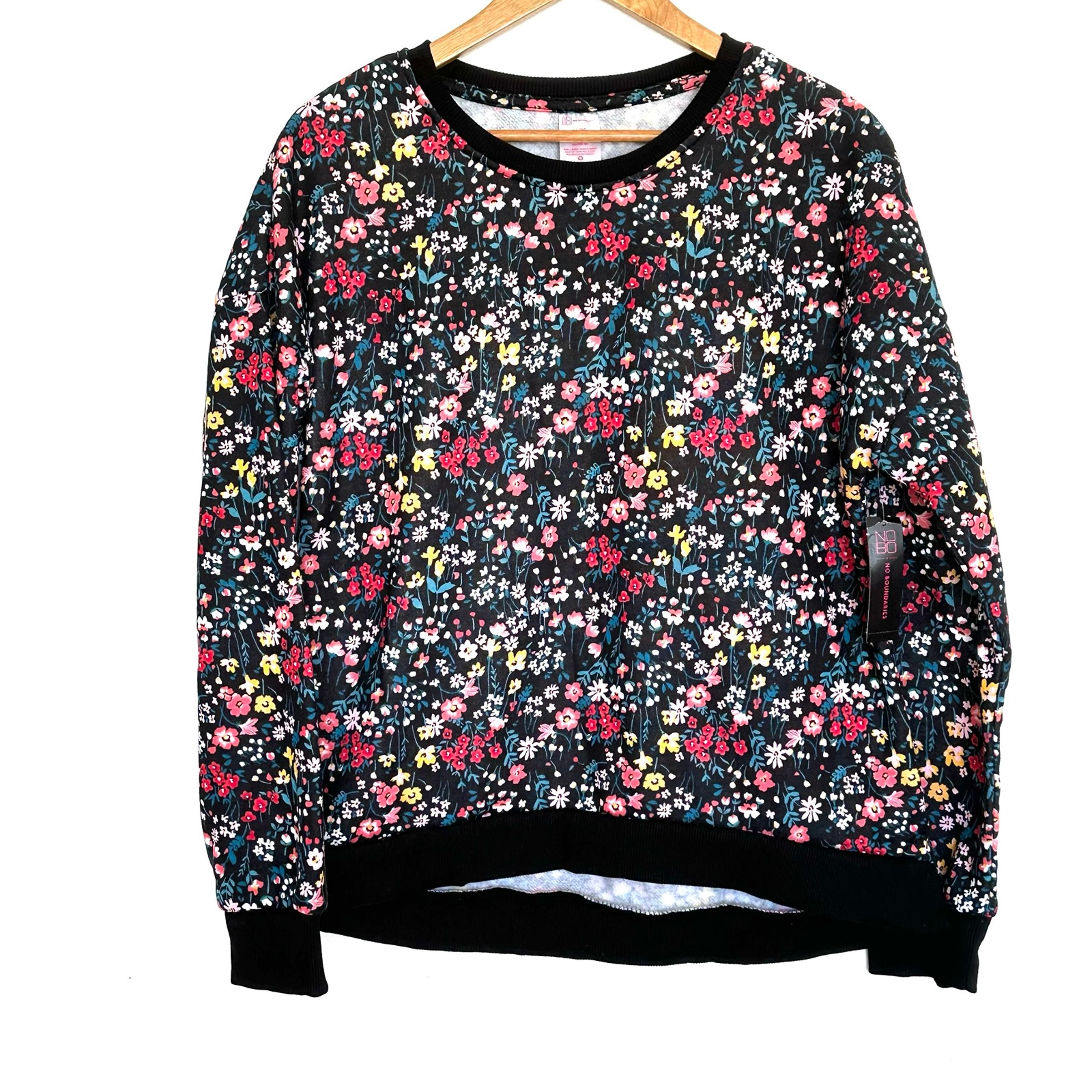 NWT No Boundaries Womens Sweatshirt XL Juniors Black Floral Long Sleeve Pullover