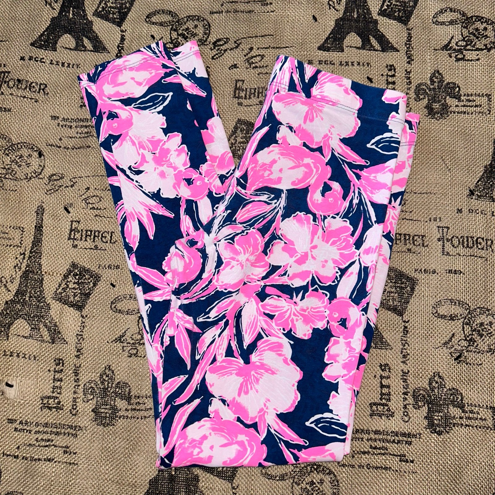 Lilly Pulitzer Girls Maia Flamingo Floral Pink/Navy Blue Leggings Size Xl