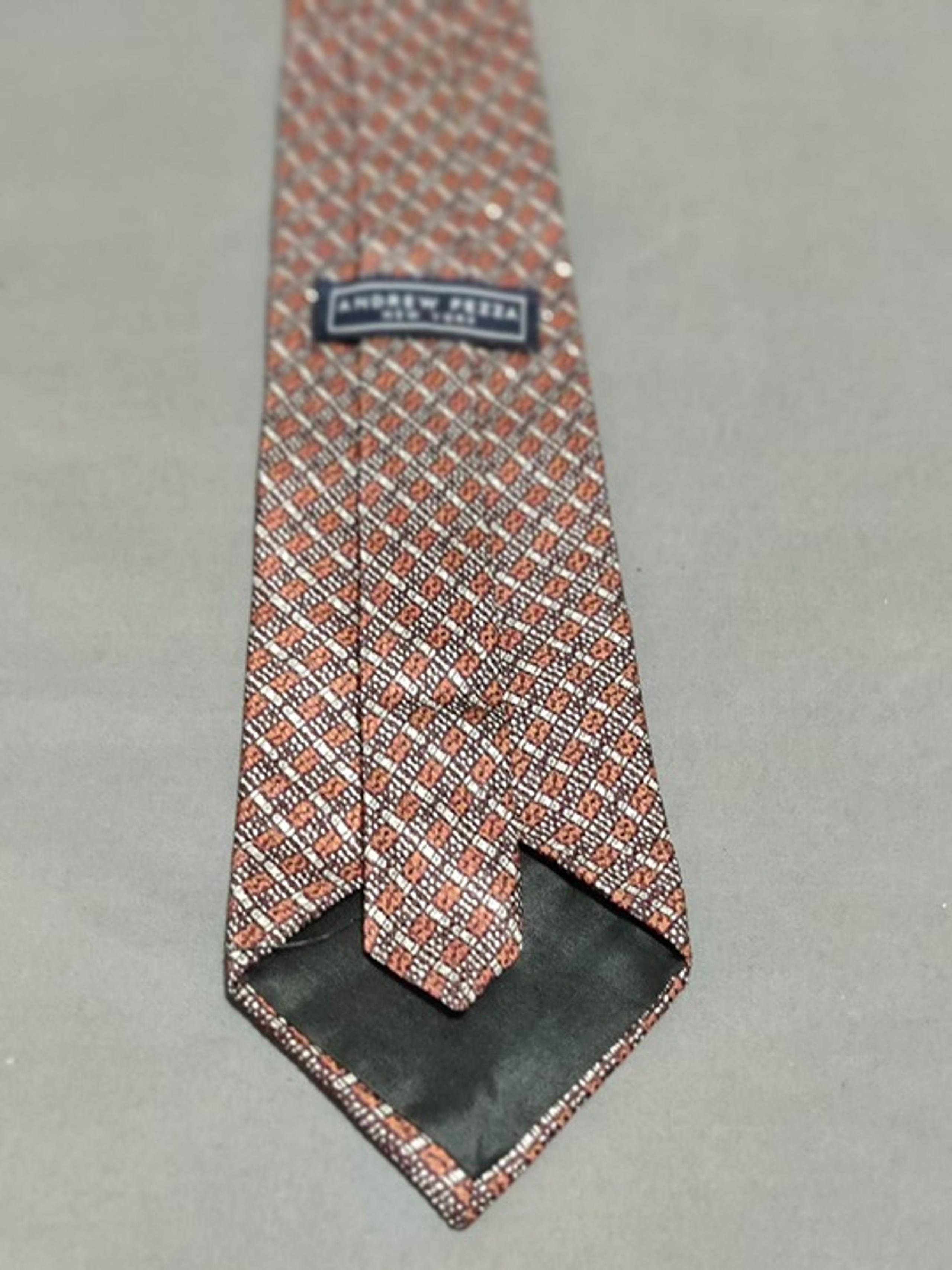 Andrew Fezza, New York,100% imported silk,Made in USA, Copper,White,Brown checke