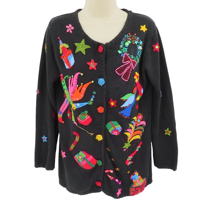 Michael Simon Womens Small Black Button Cardigan Embroidered Beaded Christmas