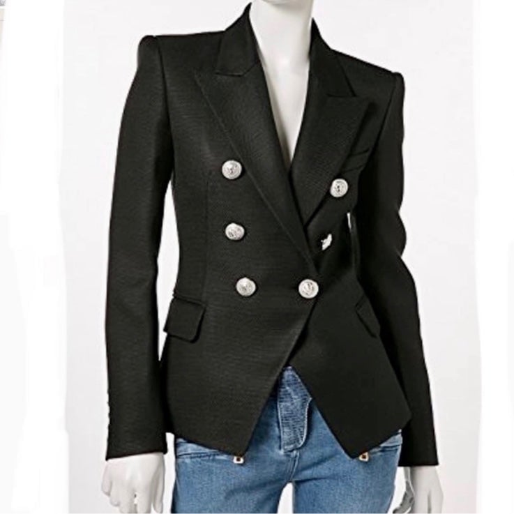 BALMAIN Silver Button Double-Breasted Black Jacket - 38