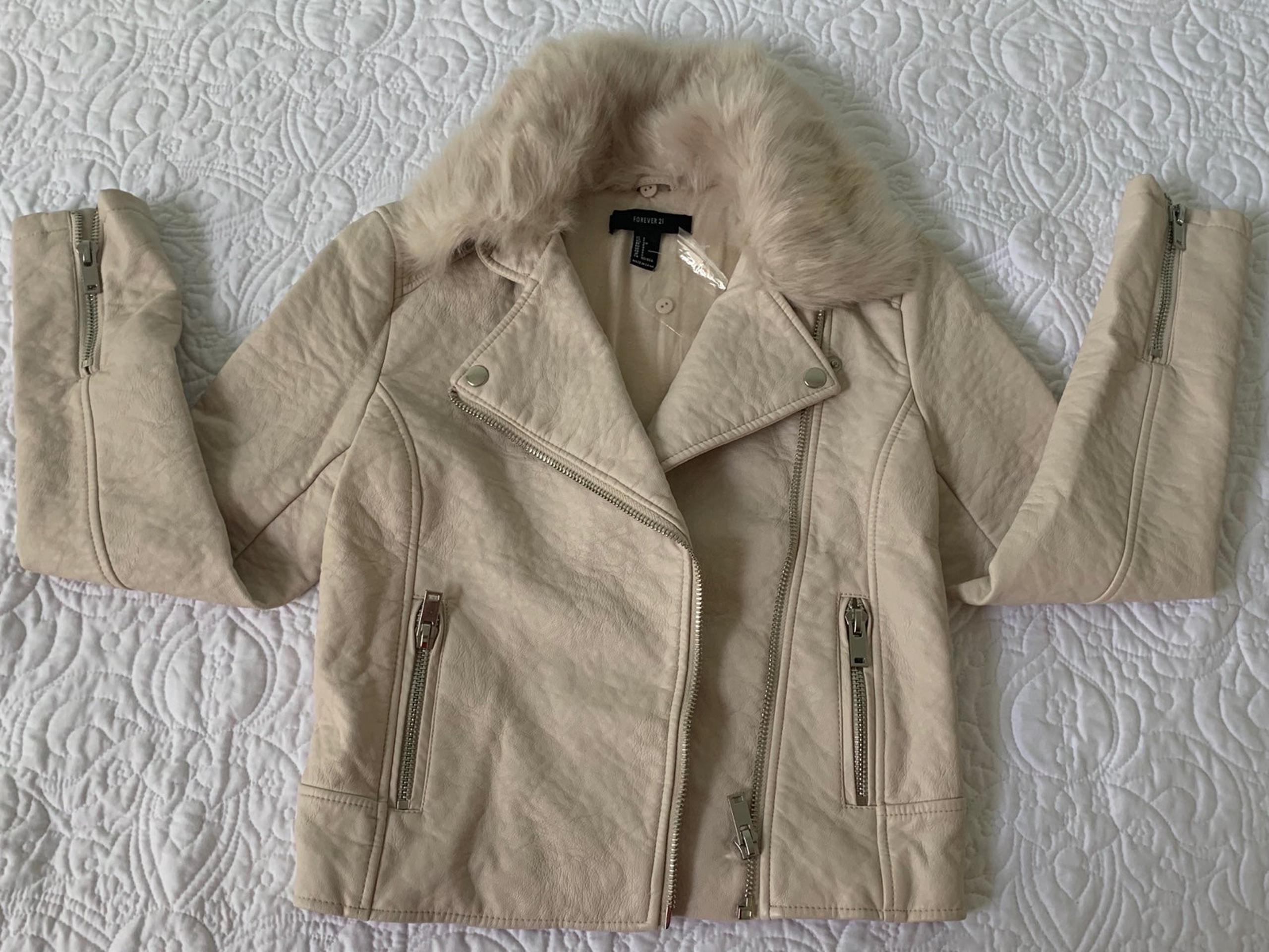 Beige Faux Leather Jacket size S Womens Full Zip Outerwear Pre-Owned. - FOREVER 21